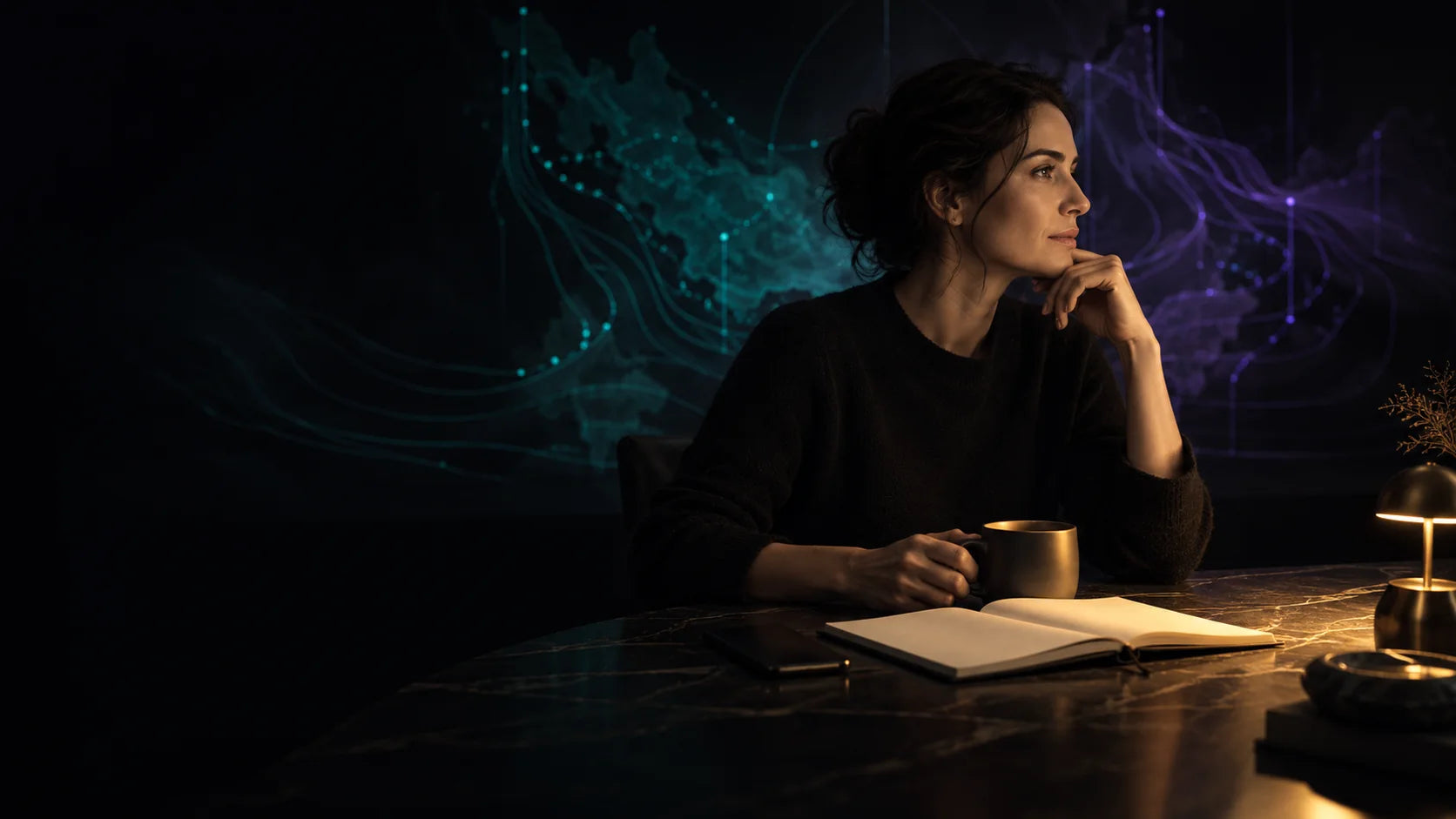 A person pauses at a table with an inactive phone, blank notebook, and cup while chart-like light recedes behind them.