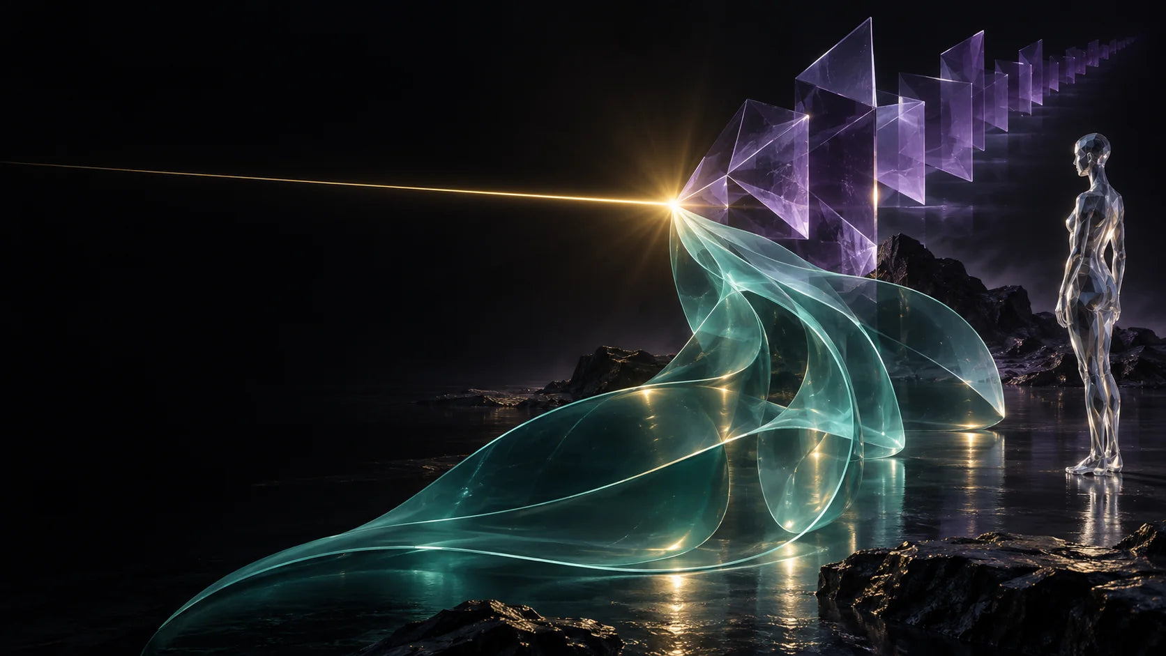 A shared gold point opens into flowing teal layers and angular violet layers near a faceted figure.