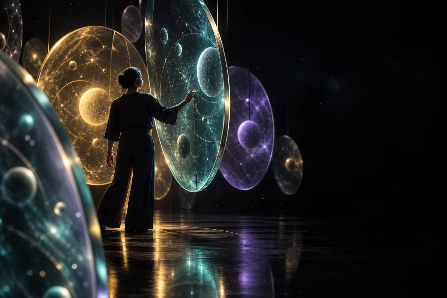 A hand reaches toward one glowing celestial layer while other layers remain separate in the surrounding darkness.