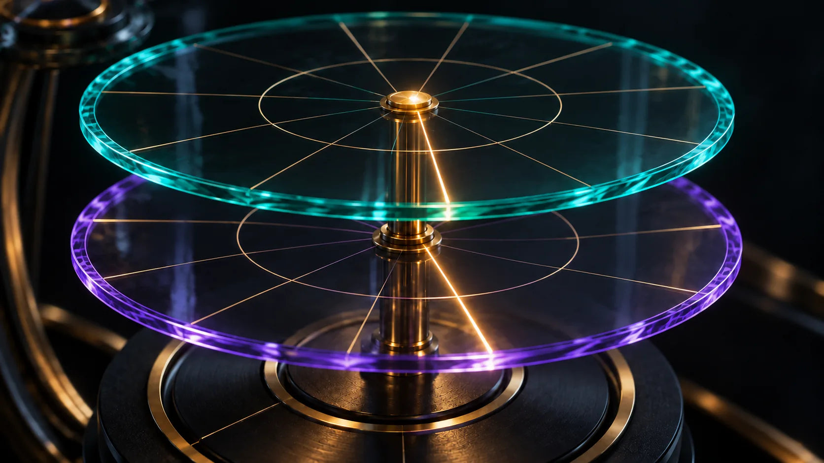Parallel teal and violet coordinate disks share a central axis, with gold datum lines crossing differently oriented sector grids.