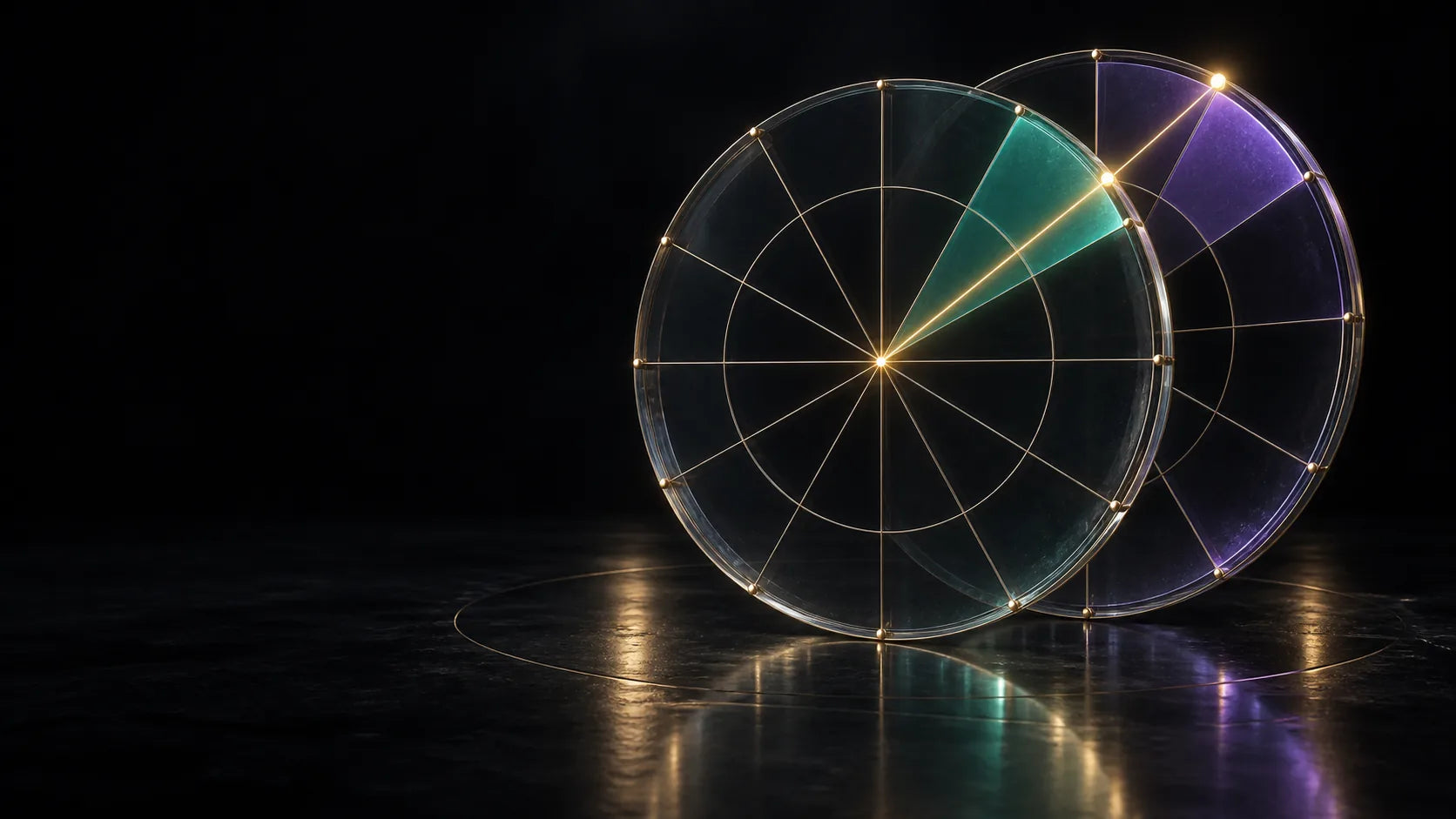 Two luminous twelve-sector zodiac frames offset around one fixed gold datum, separated in depth.