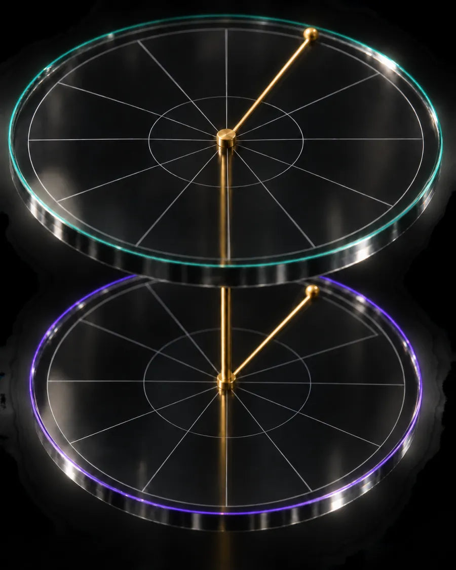 Two stacked twelve-sector coordinate disks share one axis and hold parallel gold datum needles against teal and violet rim light.