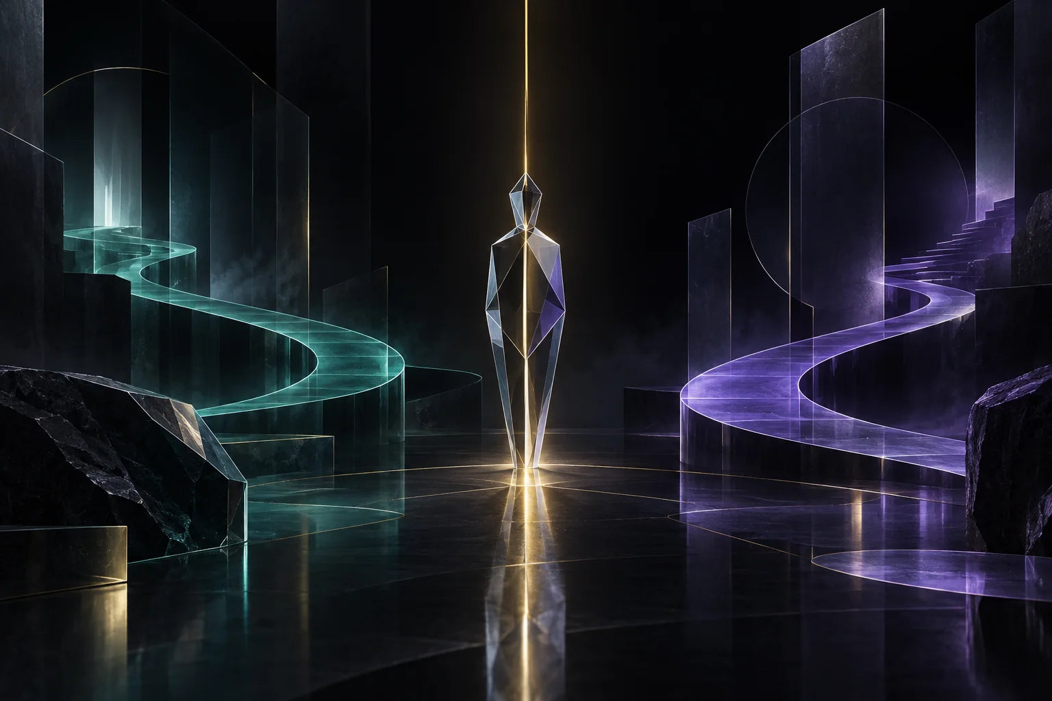 Two distinct paths of teal and violet light remain visible beside a geometric human figure.